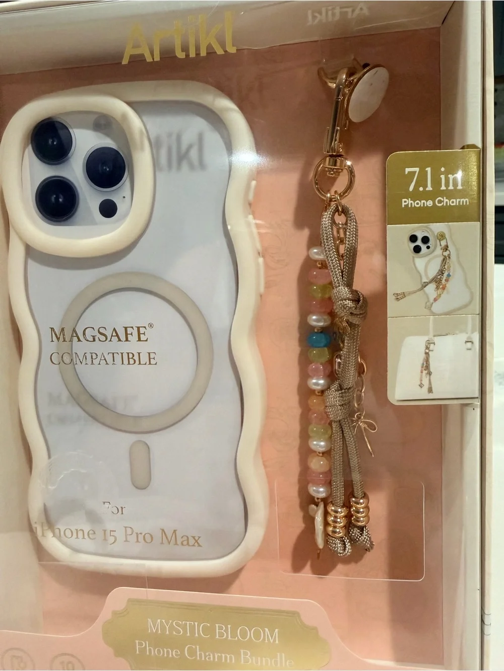 Mystic Bloom Pink/Cream MagSafe Compatible iPhone 15 Pro Max Case & Phone Charm